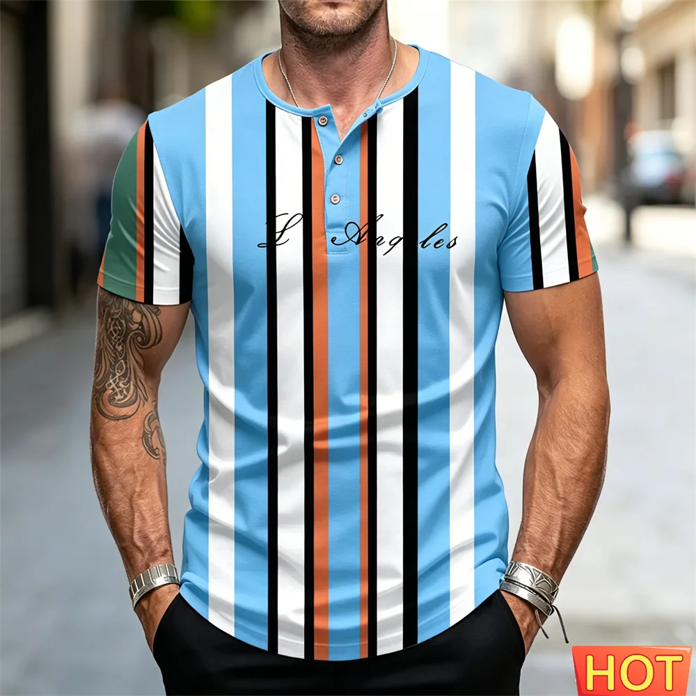 Men's button up T-shirt Los Angeles Stripe Print T-Shirt Men's Henry T-shirt Crew Neck Short Sleeve top Streetwear Mens clothing