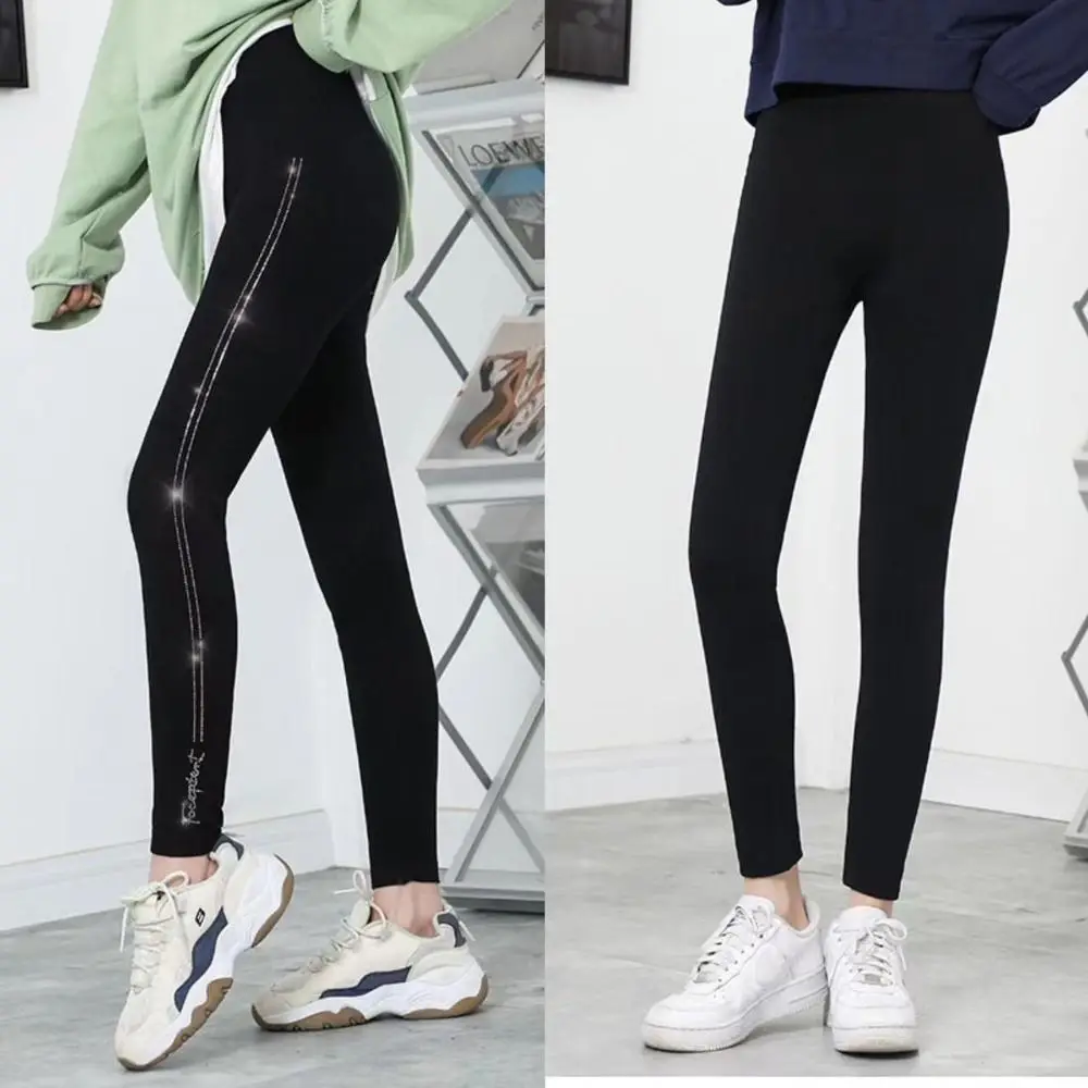 Fashion Fleece Women Leggings Hotfix Rhinestone Striped Autumn Winter Leggings Thickened Bottoming Leggings