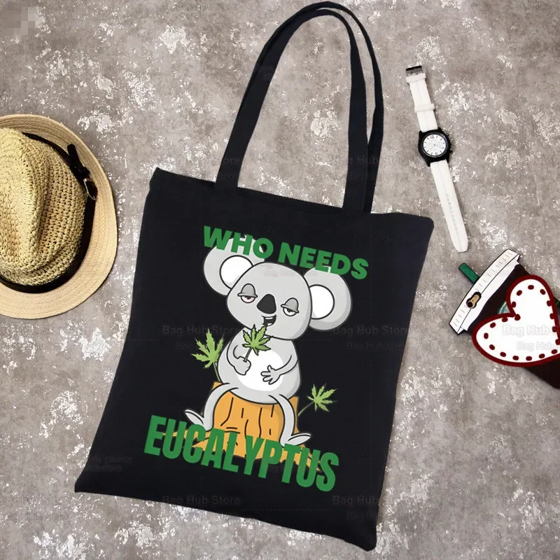 Cute Koala Cartoon Harajuku Canvas Shoulder Bags para mulheres, Ulzzang, preto, branco, grande capacidade, moda casual, bonito, Ulzzang