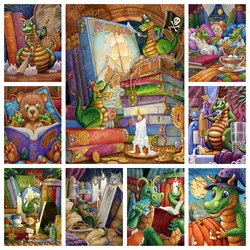 5D DIY Diamond Painting Cute Animal Little Dragon Reading Books By Randal Spangler Full Drills Cross Stitch Mosaic Home Decor