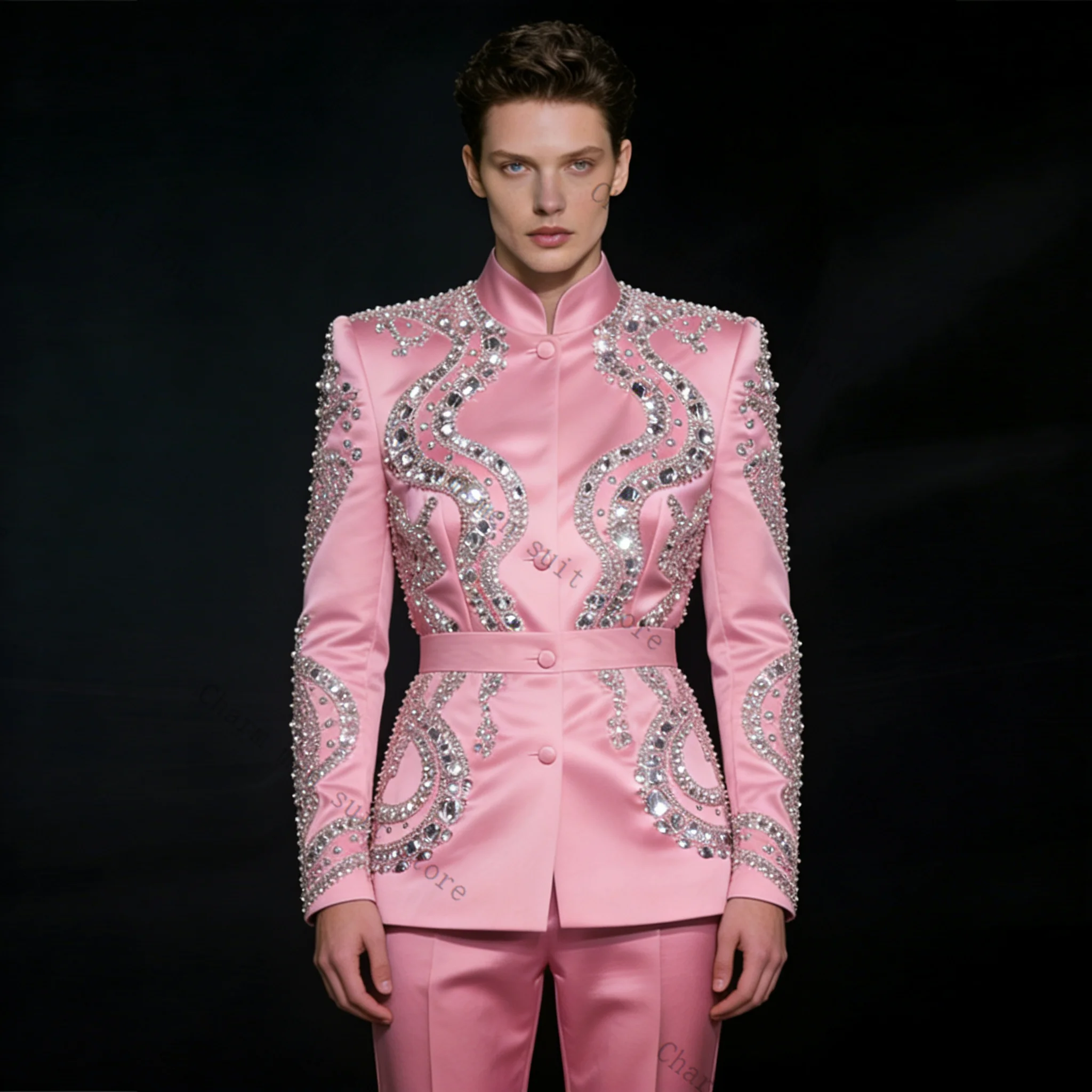 Picture 6: Glitter Crystals Pink Men Suits Set 2 Pcs Satin Blazer+Pants Trousers Wedding Tuxedo Formal Office Business Groom Jacket Coat