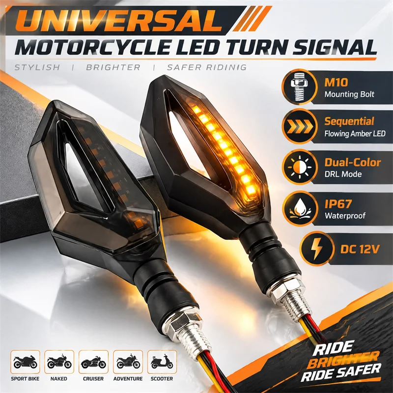 Motorcycle Turn Signal LED Light 12V 10mm Universal Daytime Running Light Dual-Color Indicator Blinker Braking Lamp Signal Light