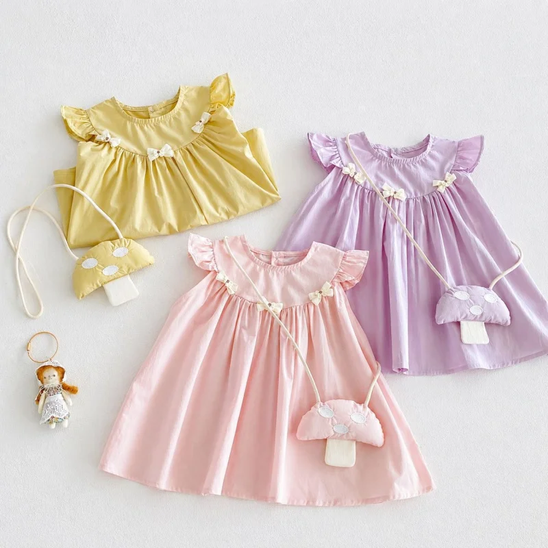 Super cute princess dress for girls2026New Summer Baby Solid Color Dress Children's Cute Flutter Sleeve Dress