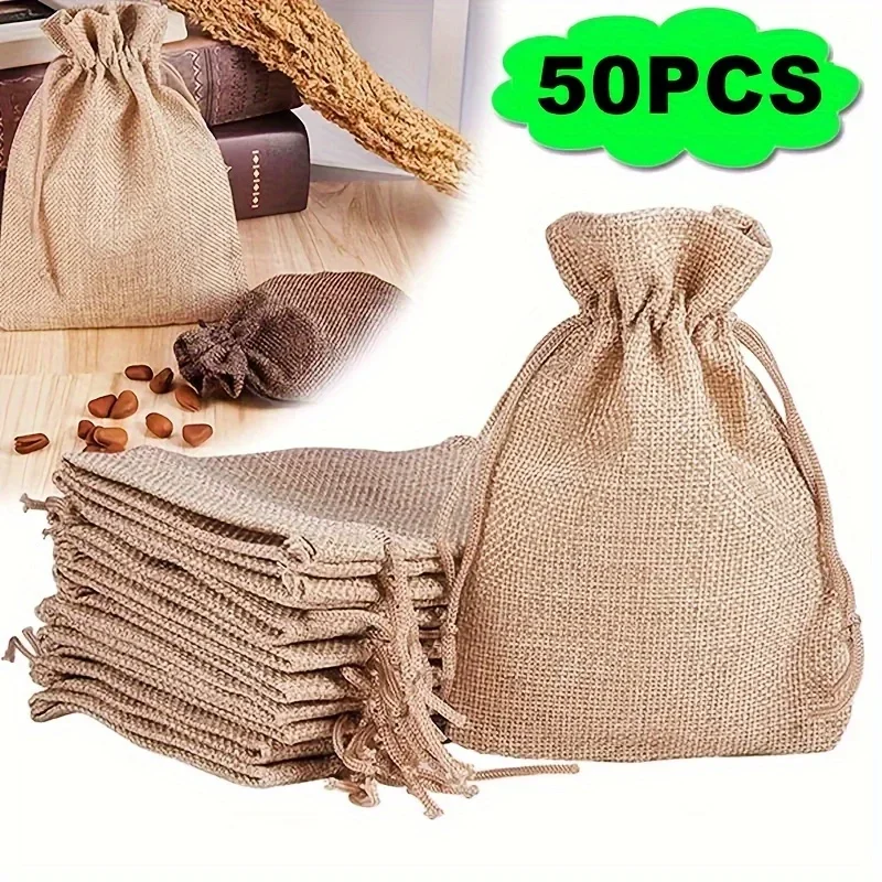 50pcs Burlap & Jute Drawstring Gift Jewelry Ornaments Hemp Bags Packaging Bags  Candy, Chocolate BAG-   Party Decorations!