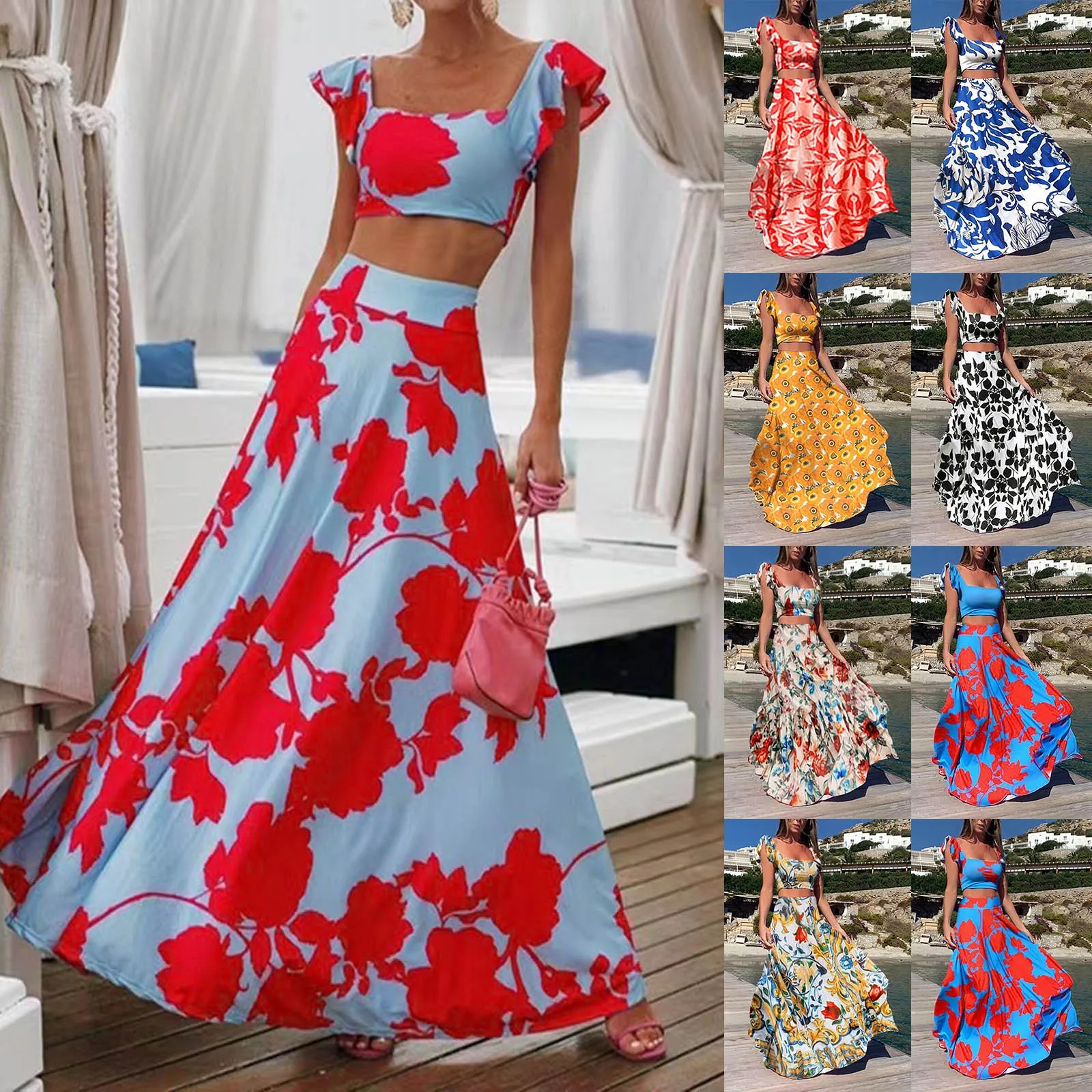 Bohemian Style Print Two Piece Skirt Set Women Sexy Cropped Top High Waist A-Line Skirts 2 Piece Sets Casual Vacation Lady Suits