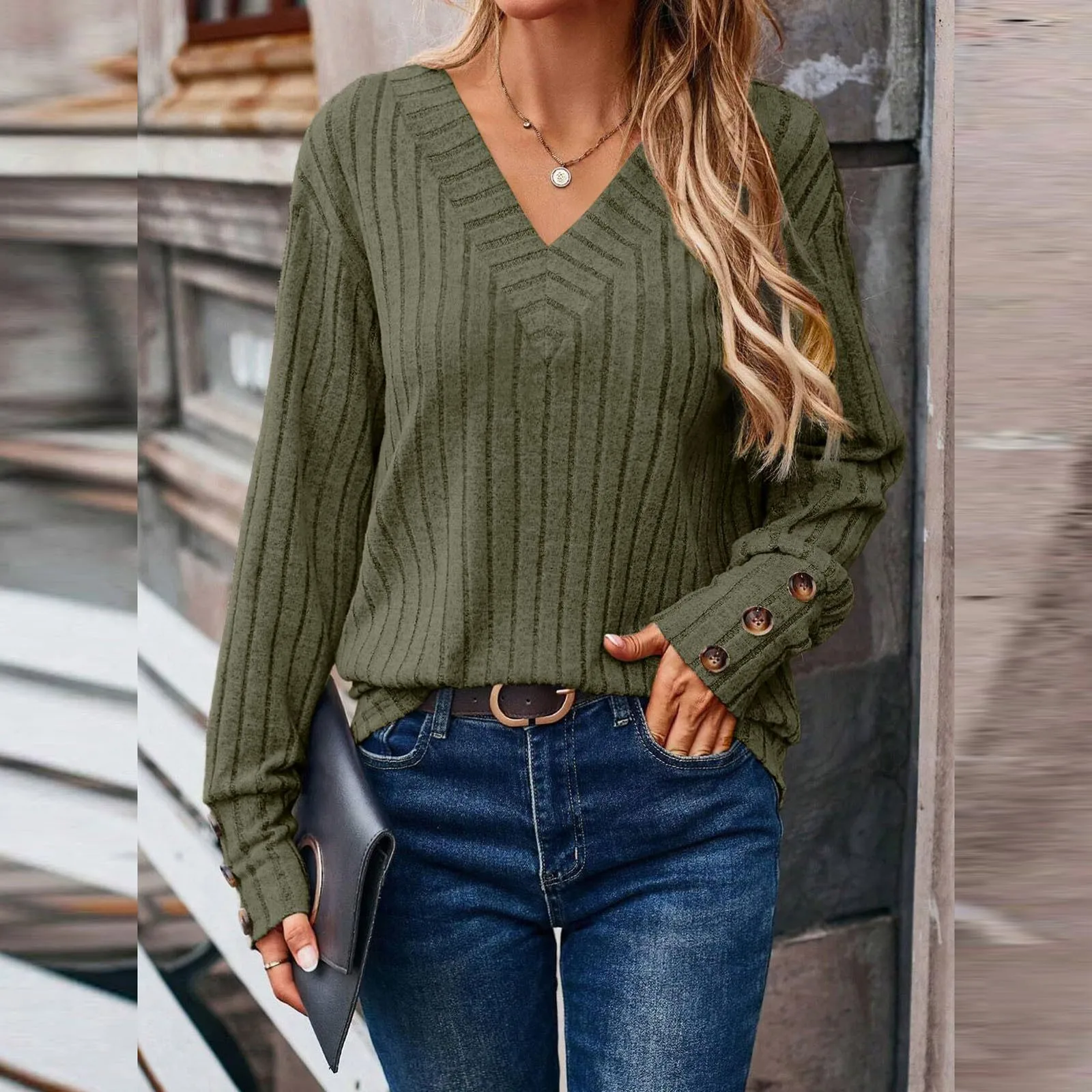 Loose Casual Fall Fashion Sweaters For Women’s Sweatshirts V Neck Female Long Sleeve Shirts Ladies Autumn Ribbed Knit Tops