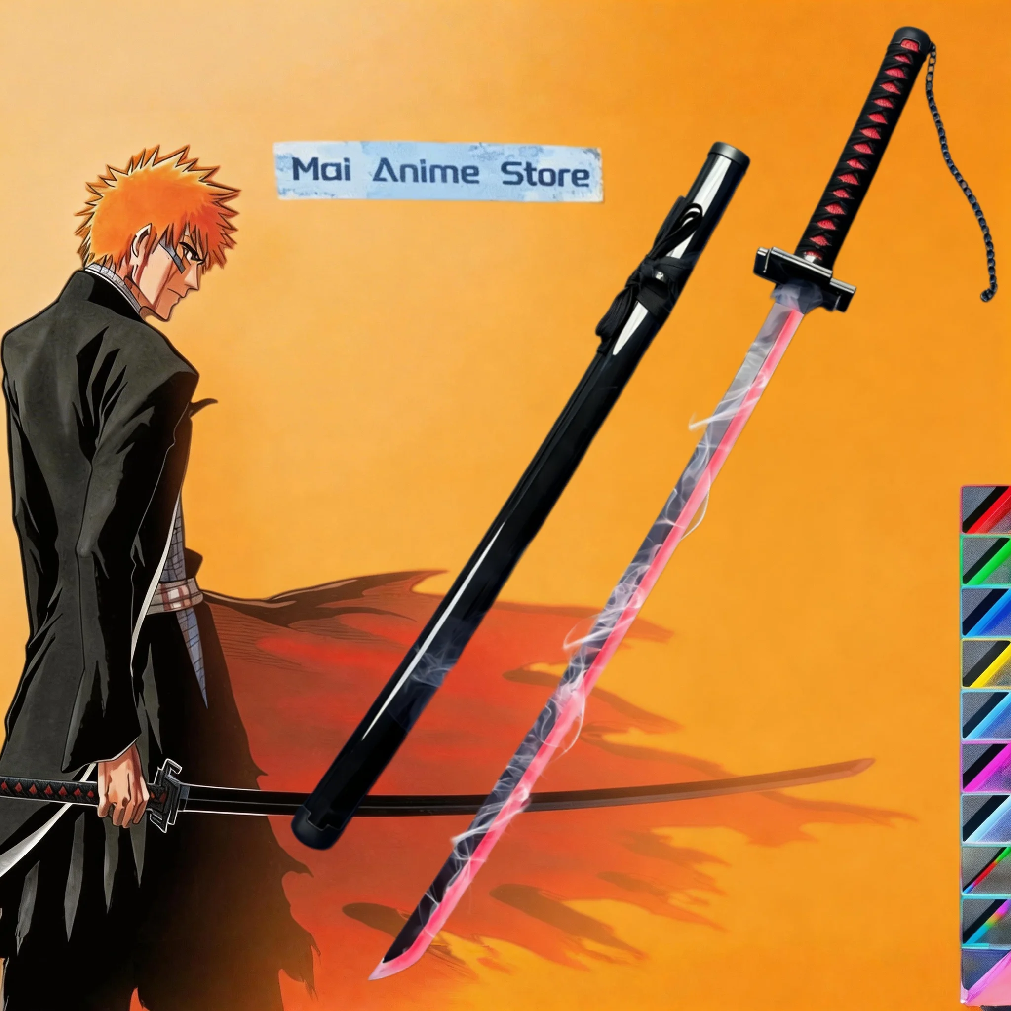 

40-дюймовая катана Ичиго Тенса Зангецу из Bleach, реалистичная, со светодиодной подсветкой и эффектом дыма, для косплея, незаточенная игрушка-реквизит, подарок