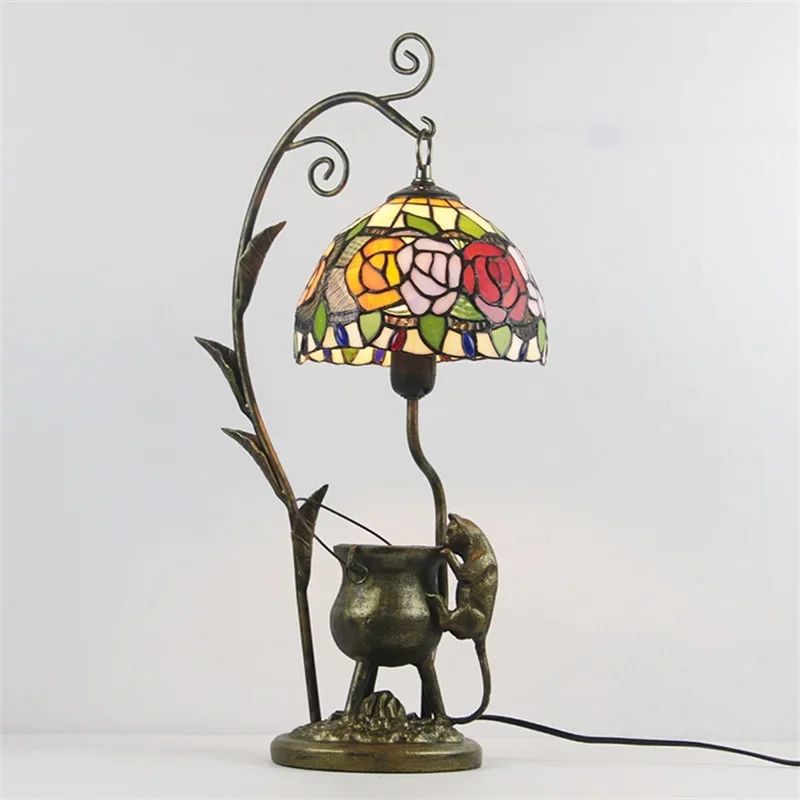 OUFULA Tiffany Glass Table Light LED Creative Resin Bedside Desk Lamp Flower Shape Lampshade For Home Living Room Bedroom