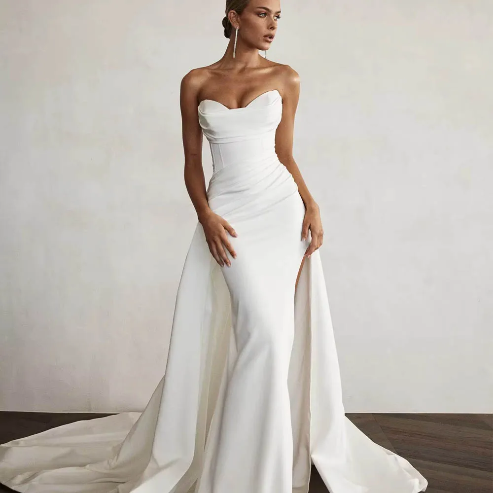 Customized Belle Satin Wedding Dresses Mermaid Strapless Cheap Long Train Church Wedding Gowns Boda Vestidos Bridal Gown