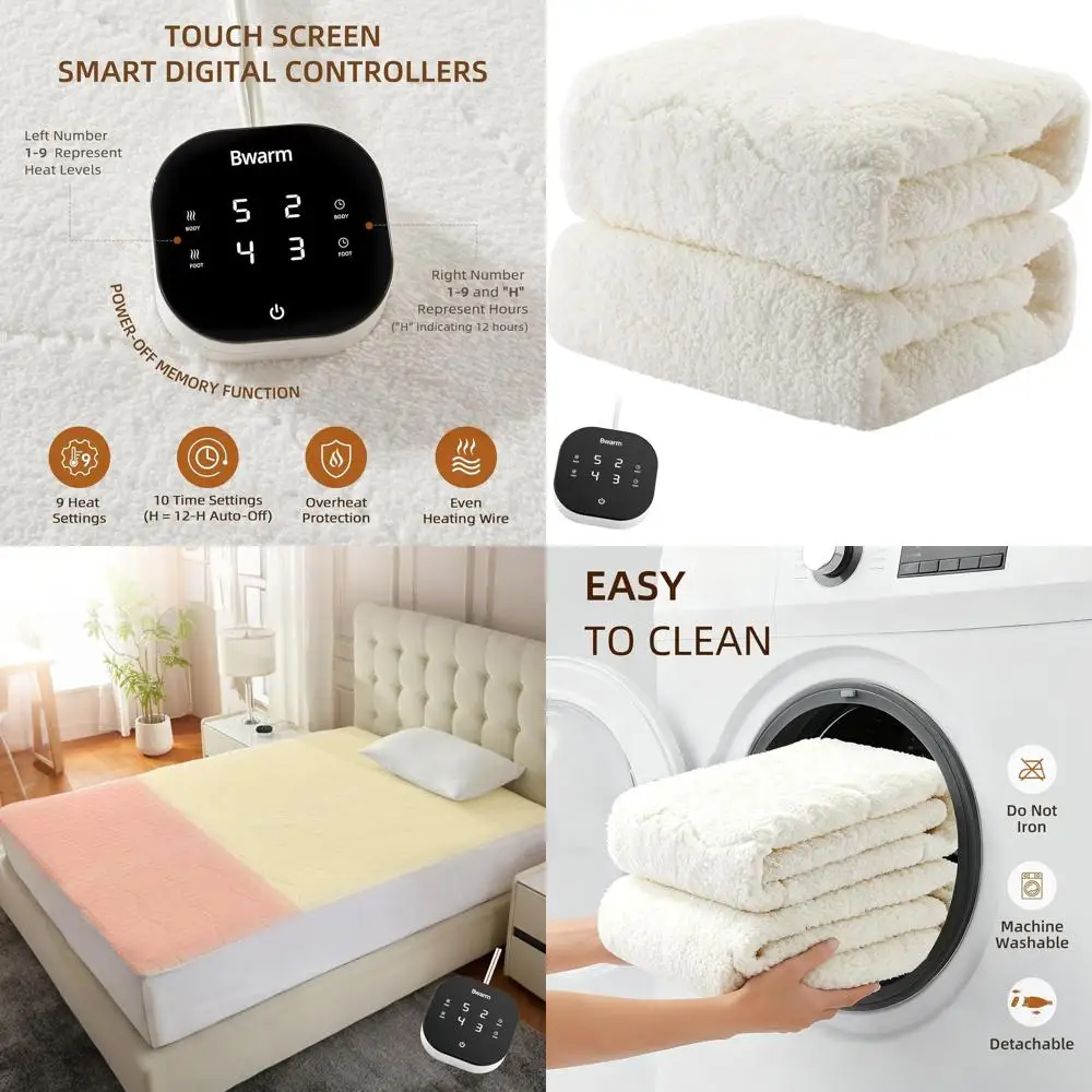 

Электрический наматрасник из флиса Twin XL Sherpa с 9 уровнями нагрева, автоматическим выключением от 1 до 12 часов, глубокими карманами, можно стирать в машине, волнистый белый цвет 39x80