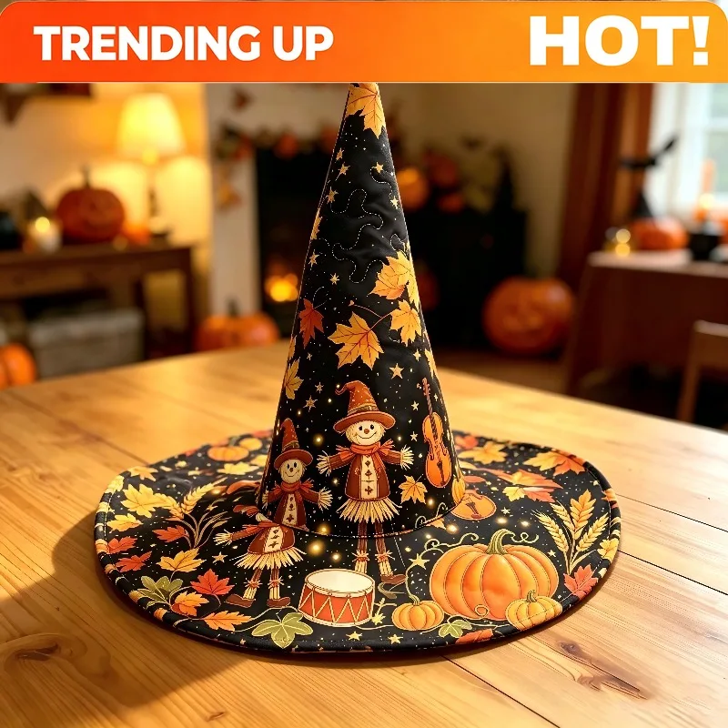 Customization For Halloween Scarecrow Pumpkin Maple Leaf Quilted Witch Hat, Star Firefly Pattern Wizard Hat, Witch Dress Up Addi