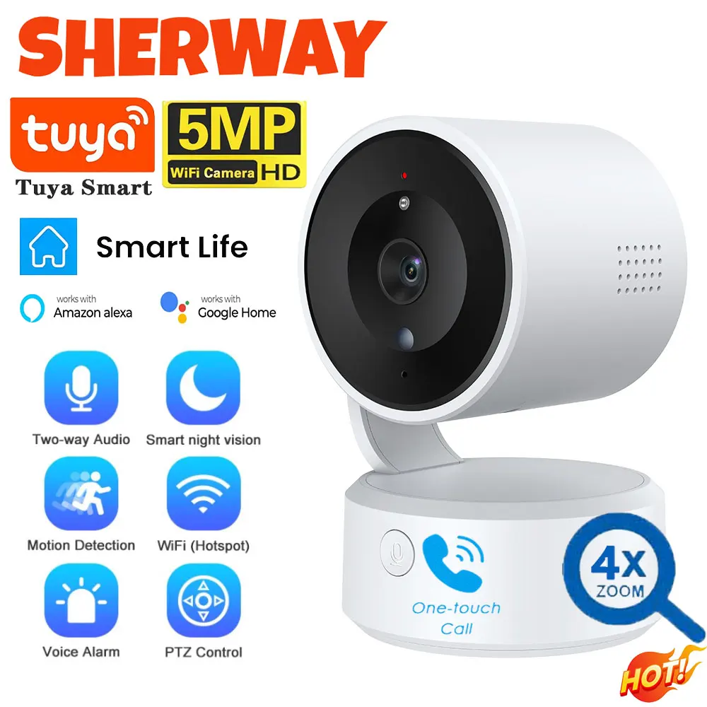 5MP Tuya Wifi Camera One-Touch-Call Baby Monitor Indoor Wireless 4X Zoom Security Camera Video Audio Surveillance Two Way Talk