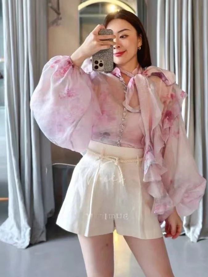 

Ladies irt Spring 2025 Pink Floral Print Bell Sve High-Defn Cotton H-Line Long Sve Travel-Friendly