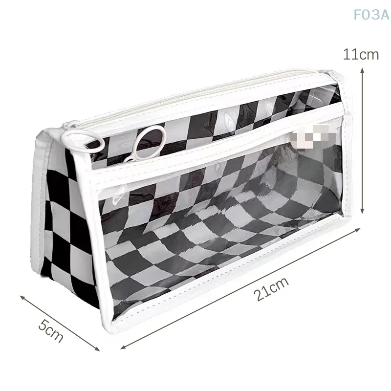 Portable Waterproof Pen Bag Large Capacity Double Layer Pencil Case Simple Transparent Checkerboard Pencil Storage Stationery