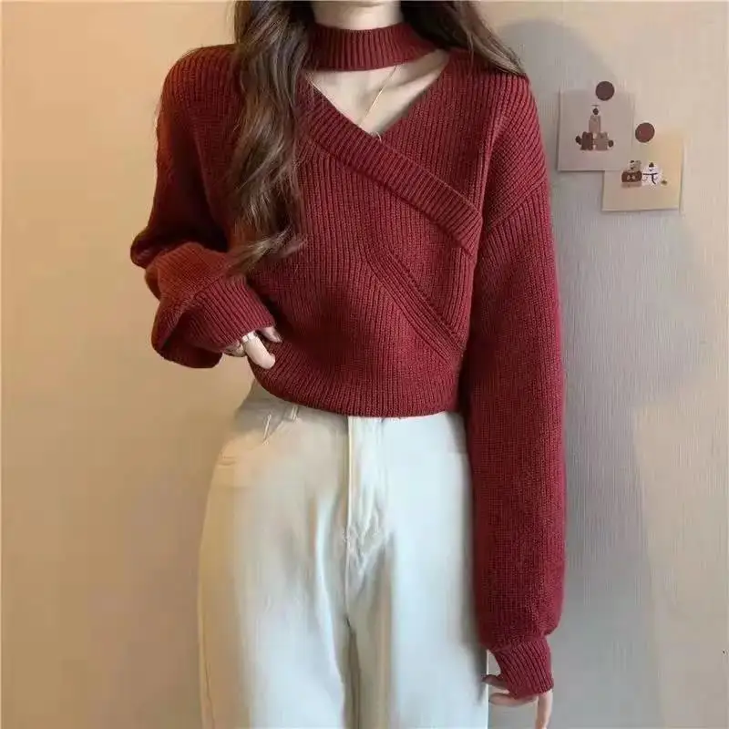 Women\'s Fashionable Hollow Out Solid Color Knitting Loose Halter Long Sleeve Pullovers Autumn Office Lady Irregular Sweater