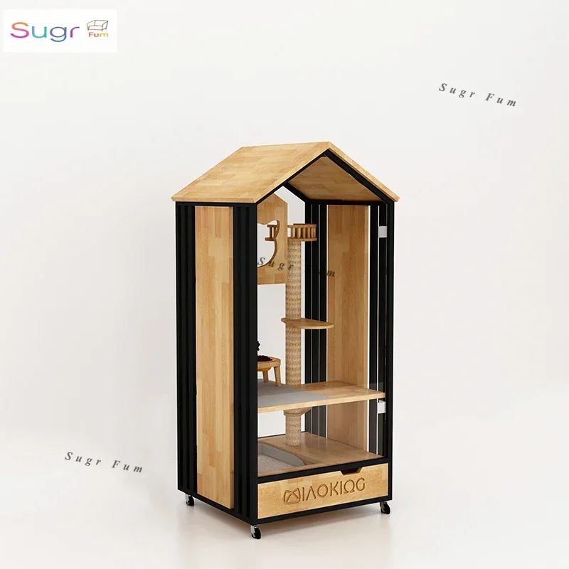 

Meow Emperor Solid Wood Cat Cage Villa Small Household Cat House Front and Rear Transparent Glass Cat House Pet Shop Customizabl