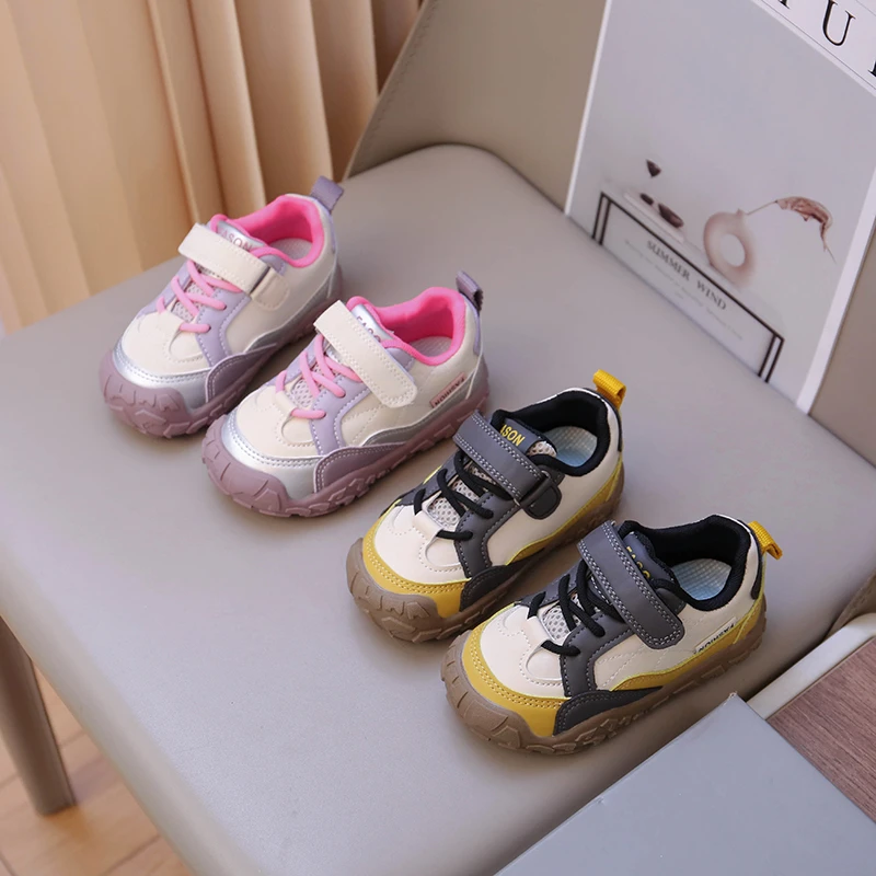 Toddler Kids Color Block Sneakers, Hook and Loop Strap, Anti Collision Toe, Non Slip Thick Sole for Daily Outdoor Play