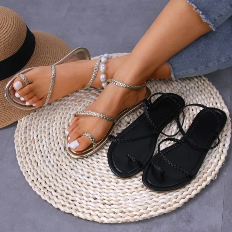 Women Flat Sandals Narrow Band Vintage Cross Strap Thong Shoes for Women Fashion Casual Design Sandals Women Sandalias De Mujer