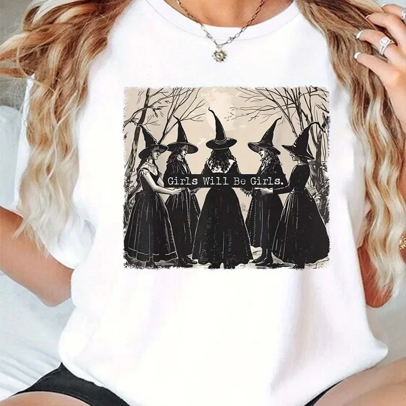 GIRLS WILL BE GIRLS Witch in The Forest Print Sport Crew Neck T-shirts Spring Summer Short Sleeve Women T-shirts Tops  Shirt