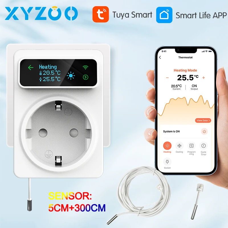 

Smart 16A Socket WiFi Temperature Controller Tuya Thermostat Outlet Plug Heating Cooling Mode Remote Control Alexa Google Home