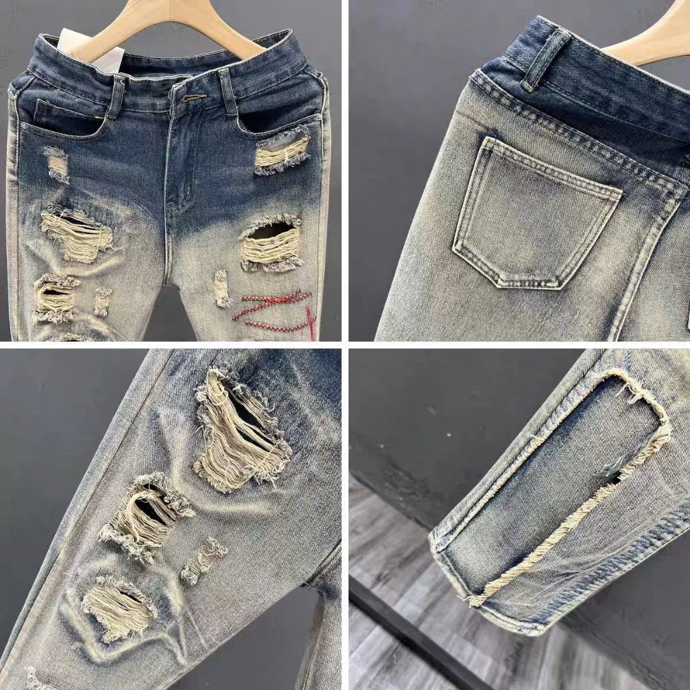 Hole ripped jeans men Slim Fit Skinny jeans Hip hop fashion Streetwear patchwork jeans Elasticity Gothic pants men pantalon