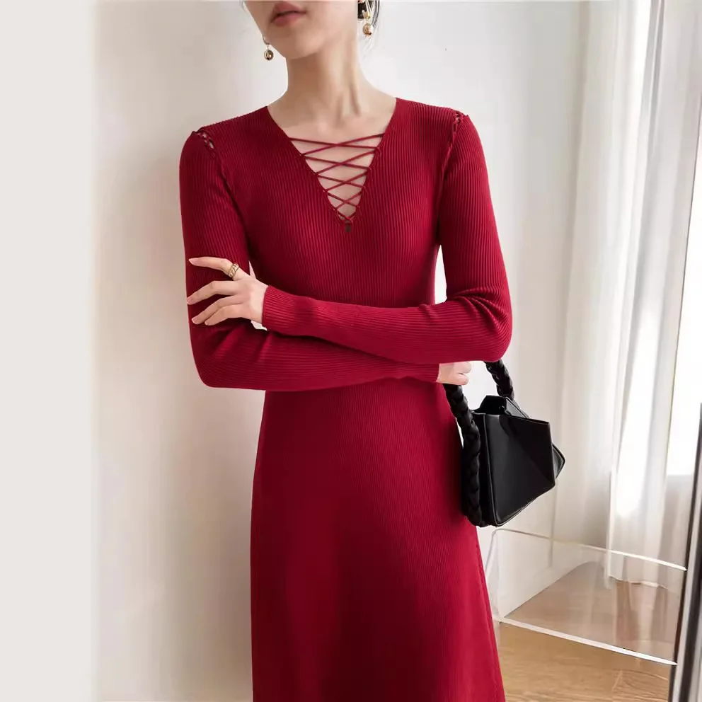 

7374 Autumn New French Style Sexy High-End Off-Shoulder Solid Color V-Neck Sleeve Slim Knitted Long Dress