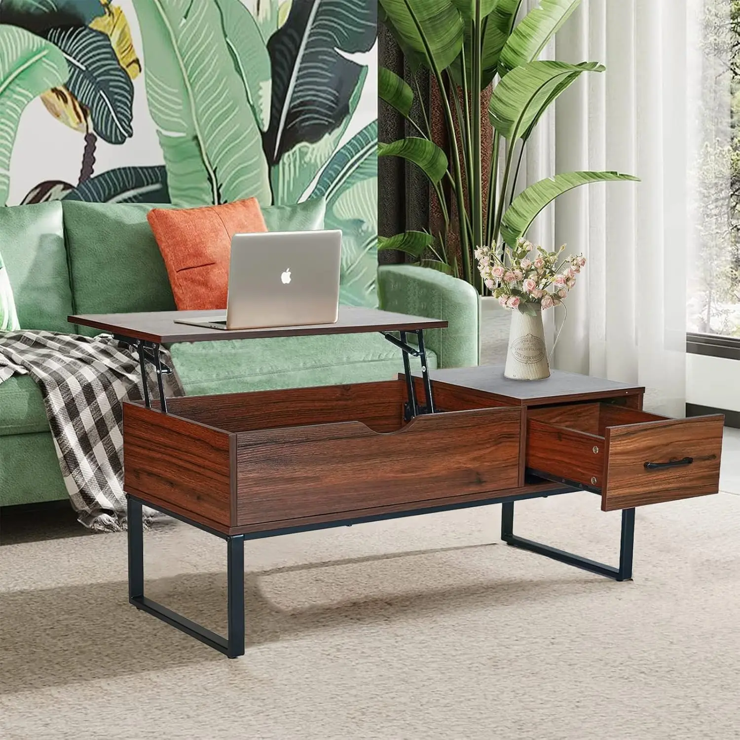 

Coffee Table, Lift Top Coffee Table with Drawers and Hidden Compartment, Retro Central Table with Wooden Lift Tabletop,