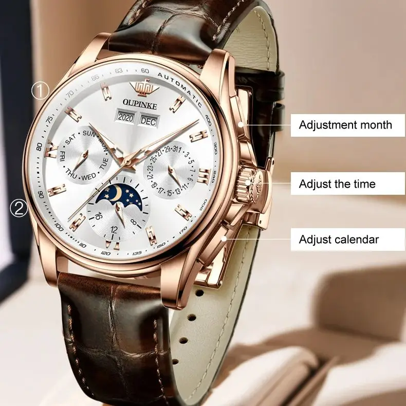 OUPINKE 3189 Orologio da uomo di marca di lusso originale da uomo orologio meccanico automatico impermeabile fasi lunari specchio zaffiro orologio da uomo alto