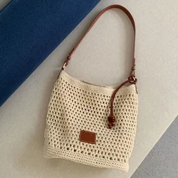 Knitted Hollow Out Women's Bucket Shoulder Bag Large Capacity Female Beach Crossbody Bags Seaside Travel Ladies Tote Handbags