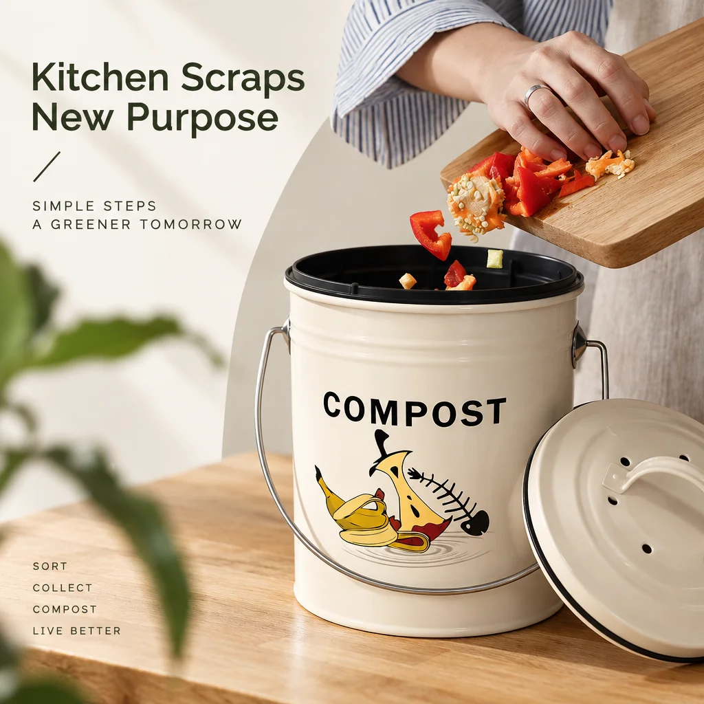Countertop Kitchen Compost Bucket Activated Carbon Odor Filter Removable PP Inner Bucket Ventilated Lid Food Scraps Waste Bin