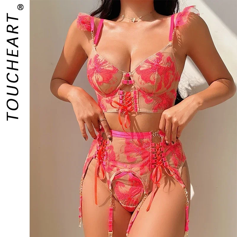

Toucheart Sexy Embroidery Interesting Lingerie For Women Lace See-Through Lace Up Hollow Out Sexy Garters Printing Underwear Set