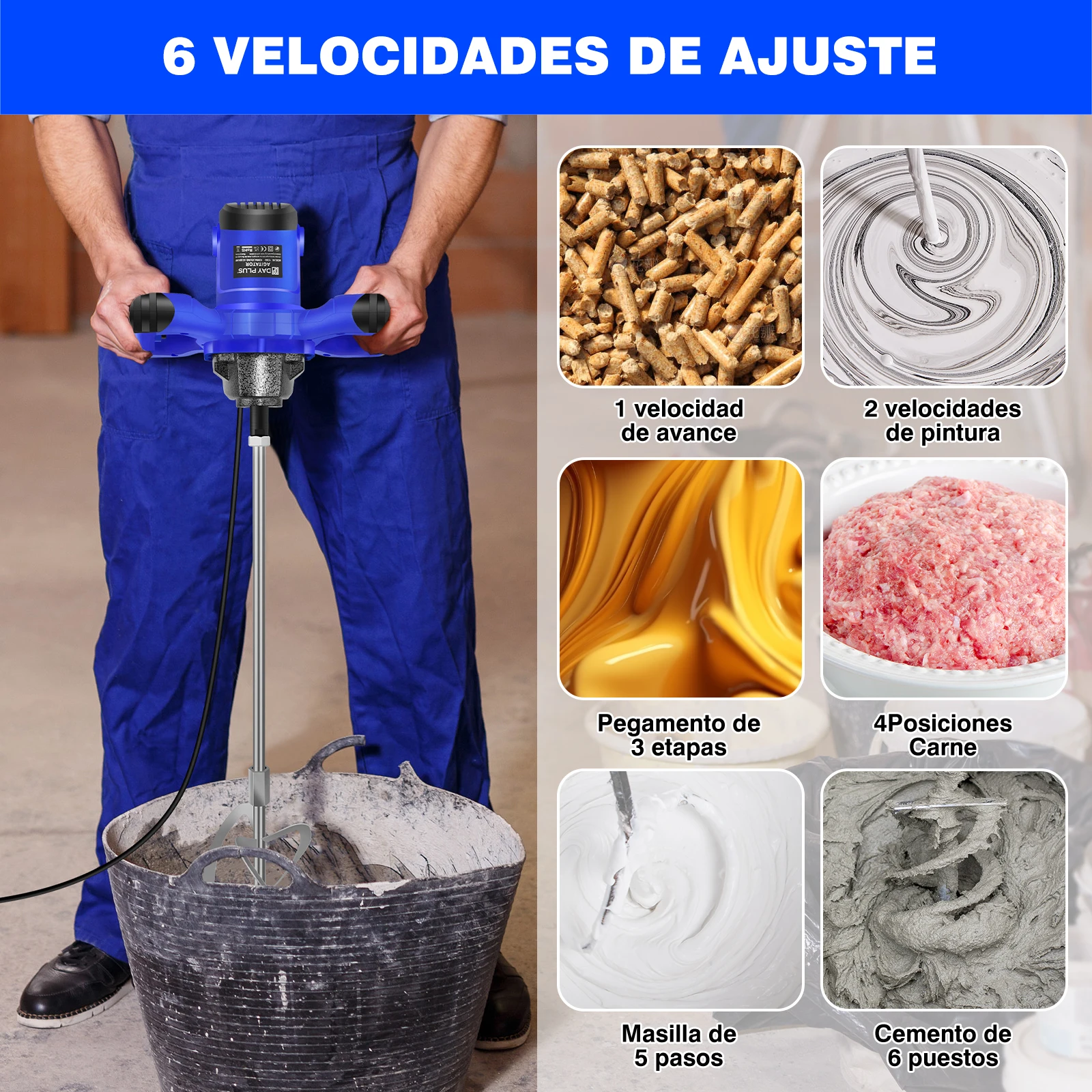 Batidora de mano de 2600 W con brazo mezclador: batidora portátil para hormigón y pintura, 6 velocidades ajustables, 230 V, para mortero, cemento, yeso y pinturas.