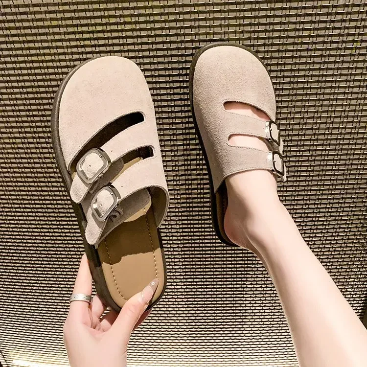 Baotou Slippers Women Spring New Fashion Light Comfortable Couple Slippers Female Retro Suede Solid Belt Buckle Women's Shoes