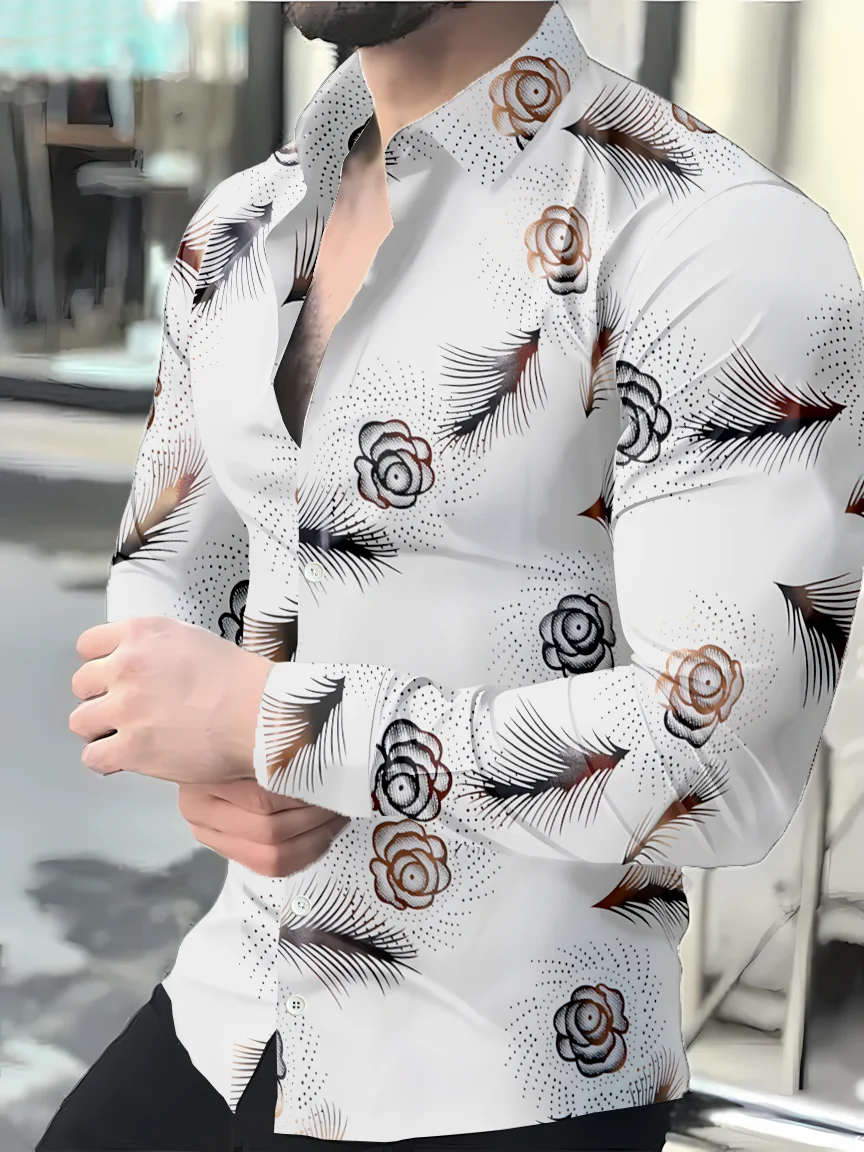 

New Men's long-sleeved shirt, lapel shirt, gold-Embroidered pattern, high-end Business Shirt, Essential for Successful Men