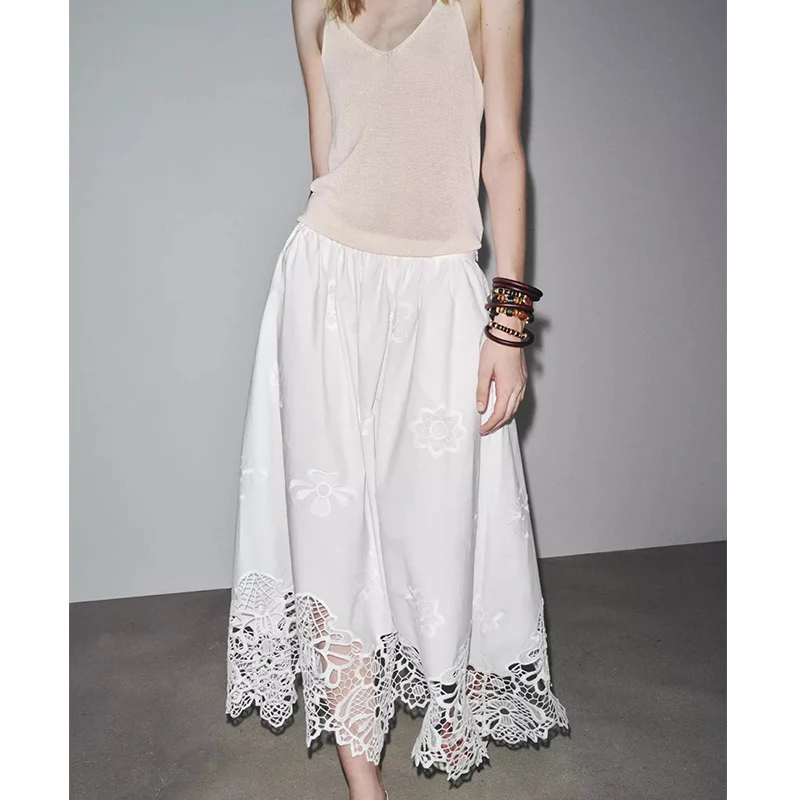 

Новинка 2025, летняя повседневная утягивающая юбка-миди из смеси хлопка с вышивкой, универсальная юбка трапециевидной формы, свободная юбка со средней талией