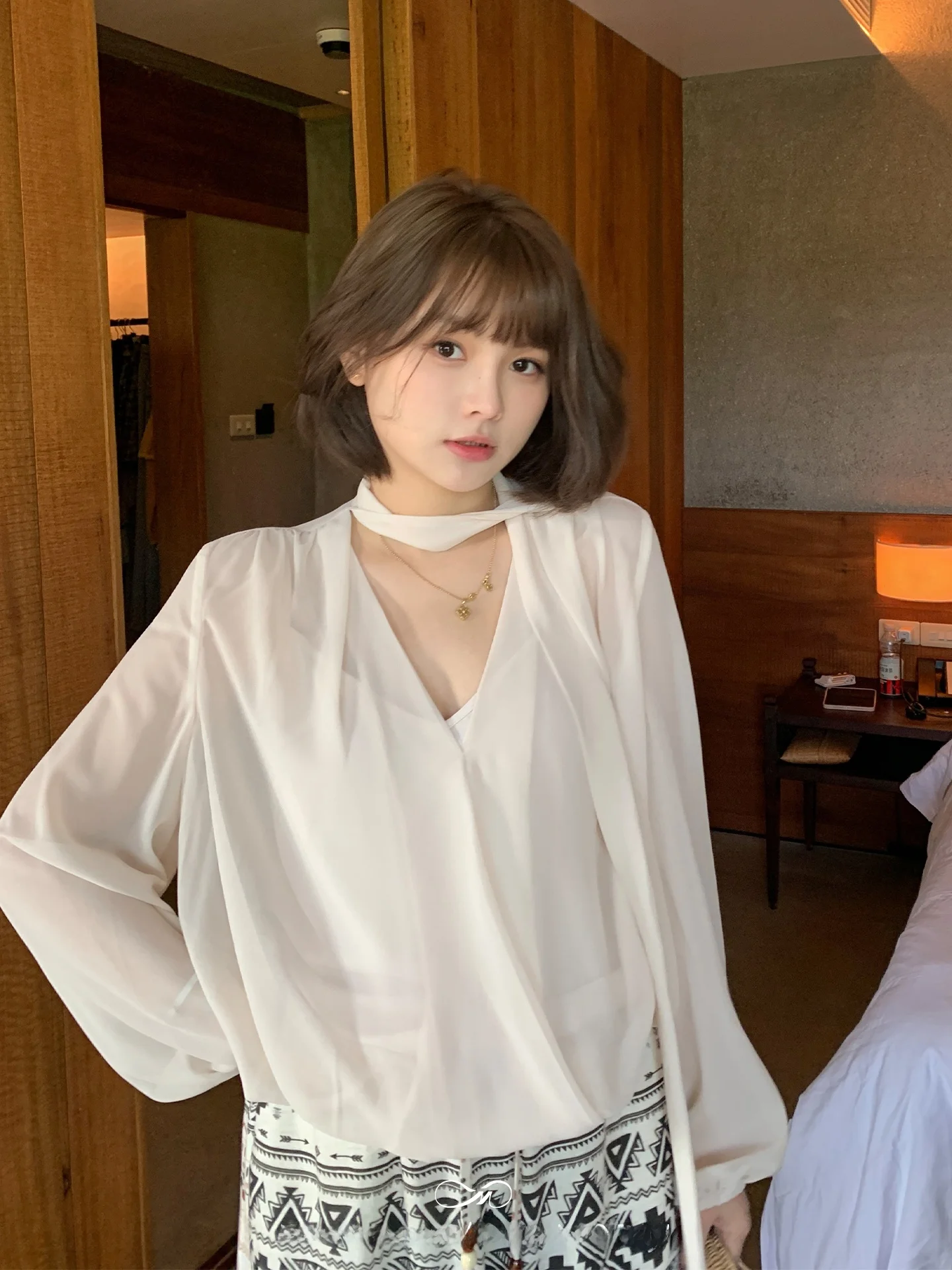 

Maixi plus Size Women's irt Ele V-ne Chiffon Blouse with Sa Spring Casual Sle ape Fit Long Sve