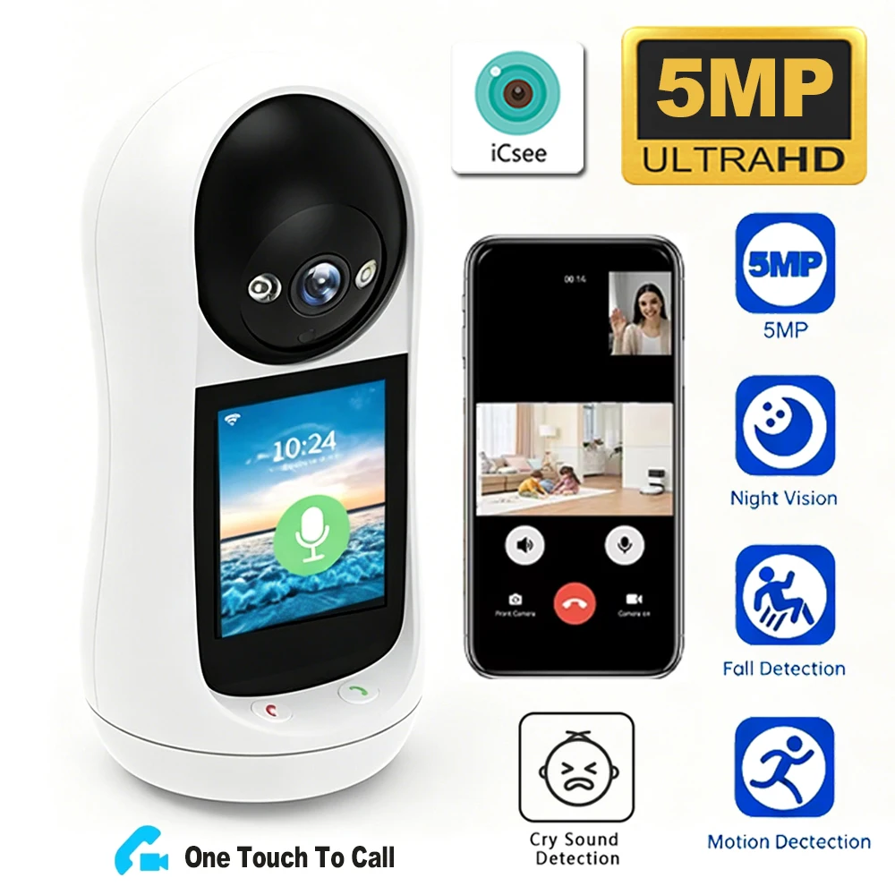 2K Home Baby Monitor with 2.8' IPS Screen PTZ WiFi Indoor 5MP Security Cam with Human Tracking Two-Way Audio Video Call ICsee