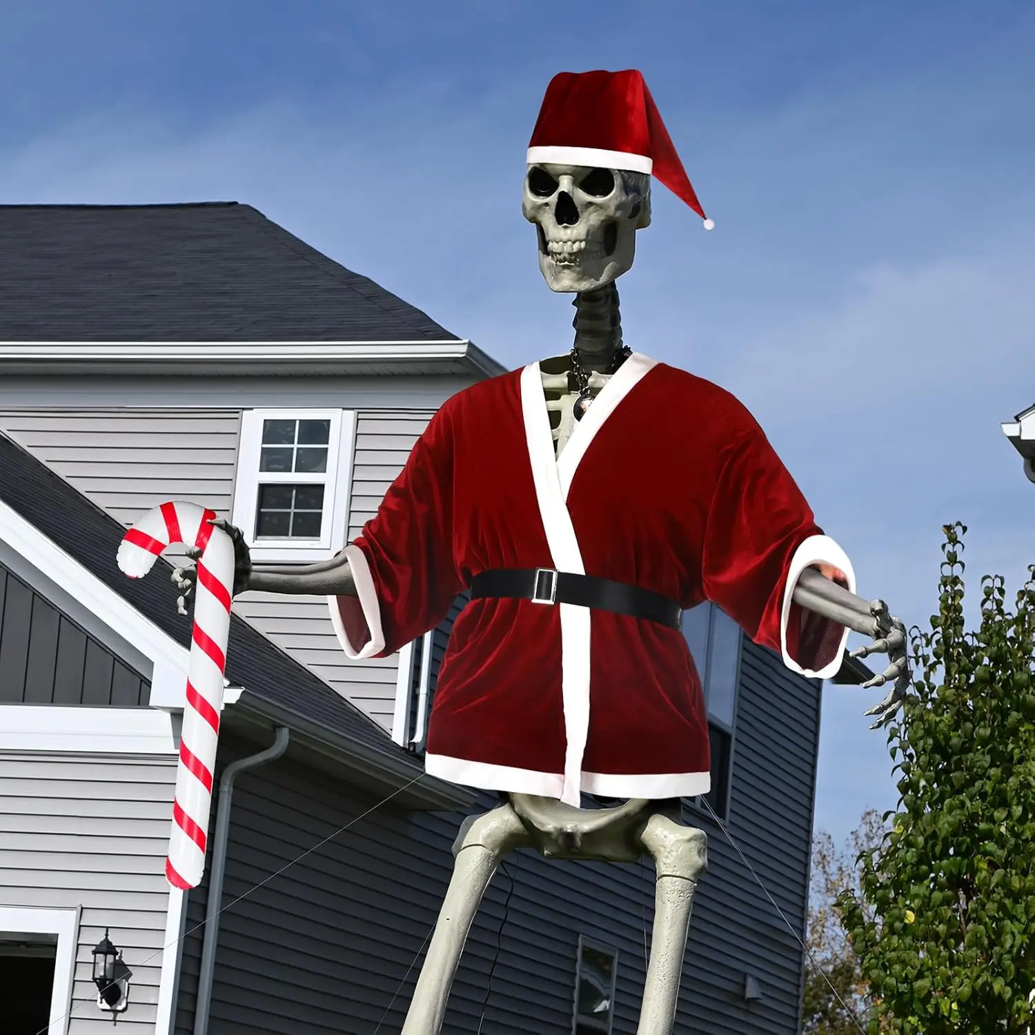 

12ft Giant Skeleton & Santa Suit with Hat & Inflatable Candy Cane, Garden Lawn Indoor Outdoor Xmas Decor (Skeleton Not Included)