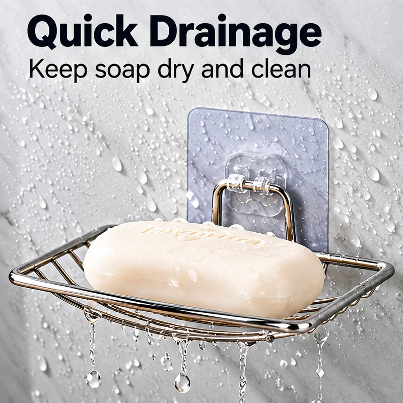 No Drill Wall Mounted Soap Dish Draining Soap Holder Bathroom Shower Storage Rack Adhesive Metal Soap Tray Organizer for Sink - view 2