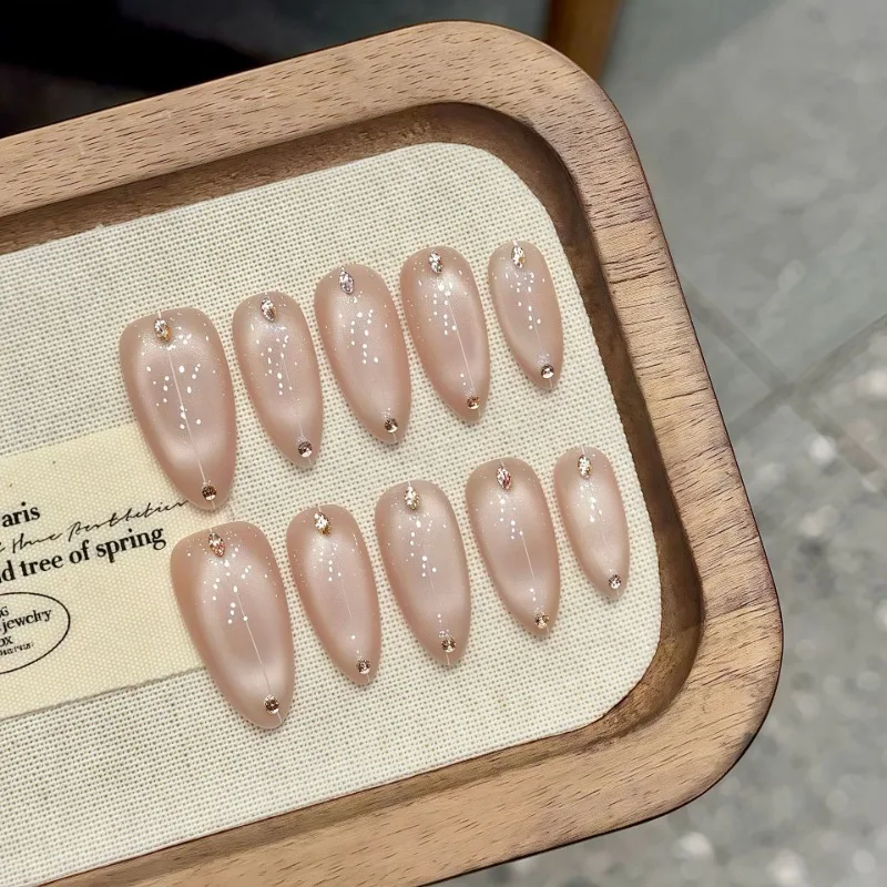 

10pcs Handmade Fake Nails Nude Simple Medium Long Press on Nails for Women Cat Eye Almond Aesthetic Holiday Prosthetic Nail Set