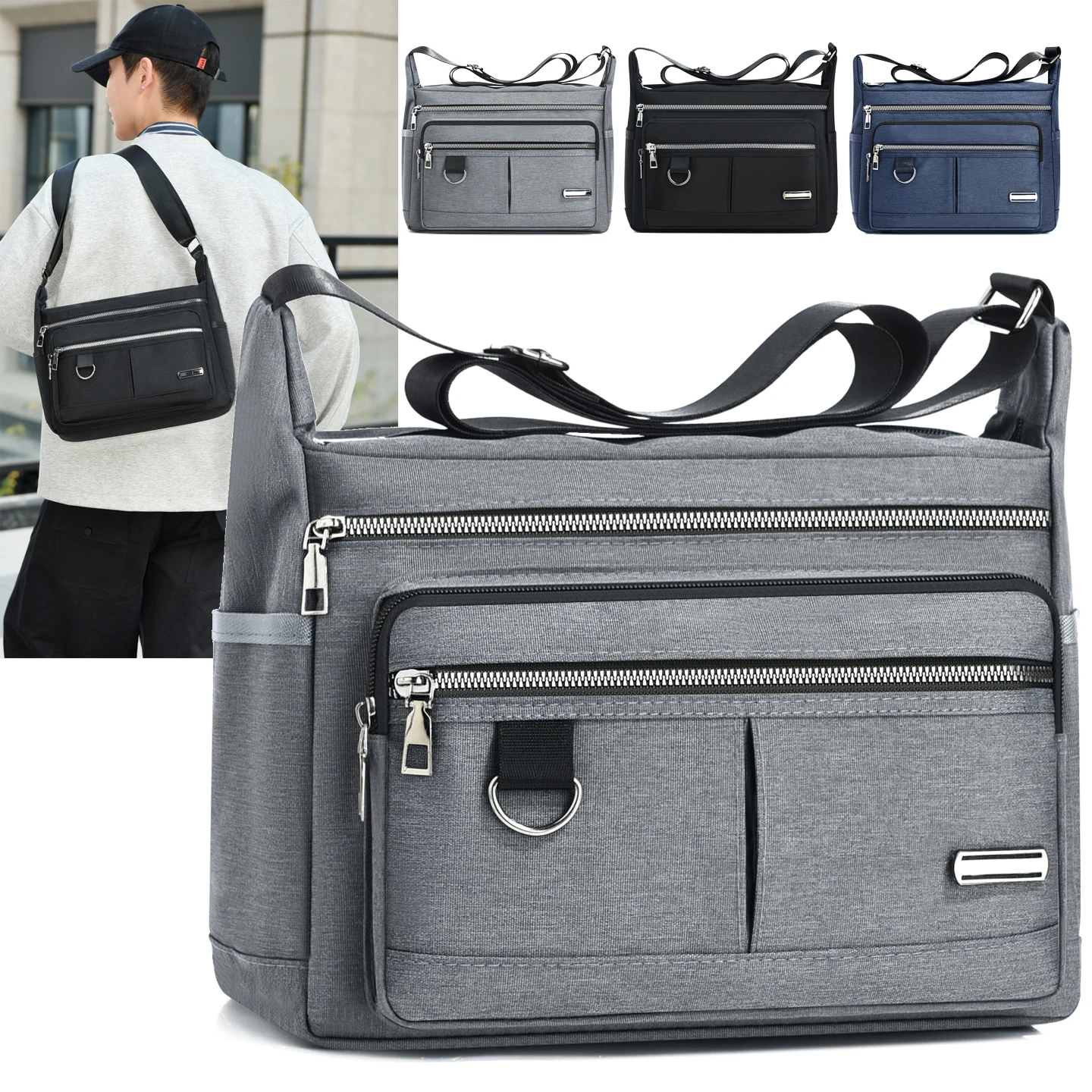 

Мужская повседневная сумка через плечо с многослойными карманами, регулируемыми плечевыми ремнями, деловая сумка через плечо, сумка для ежедневных поездок на работу, повседневная сумка