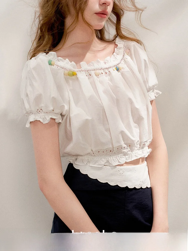 

Романтическая женская блузка из хлопка с вышивкой, тяжелой отделкой, бисером и ажурными элементами, в корейском стиле, прямого кроя, летняя