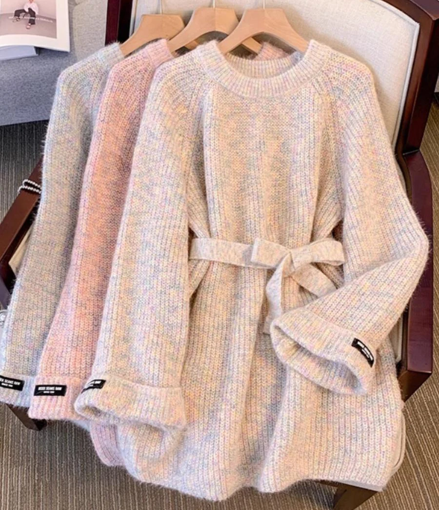 Korean Style Long Sweater Women Autumn Winter O-Neck Long Sleeves Loose Soft Warm Pullovers Gentle Elegant Mid Long Tops