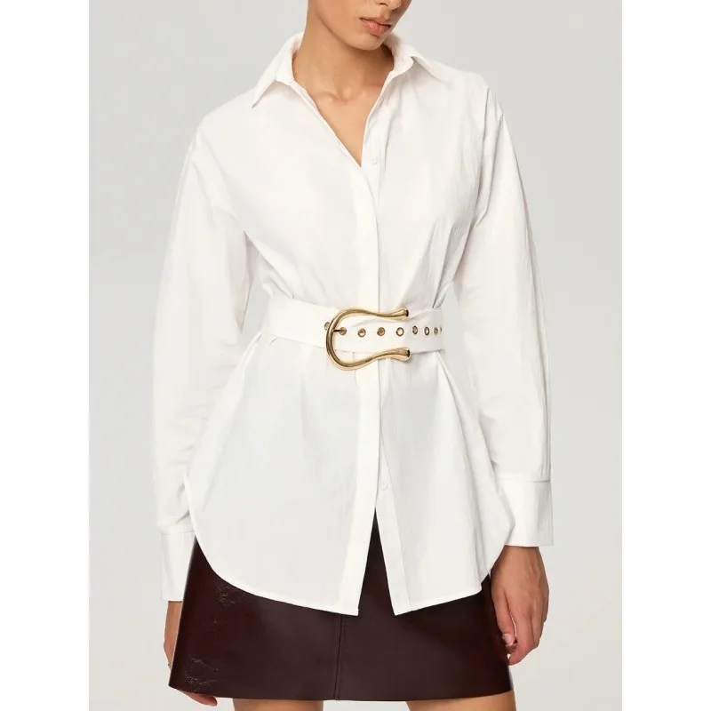 Tinaa White Button-Down Shirt for Women 2026 Stylish Turn Down Collar Long Sleeve Gold Belted Urban Commute Blouses 197746