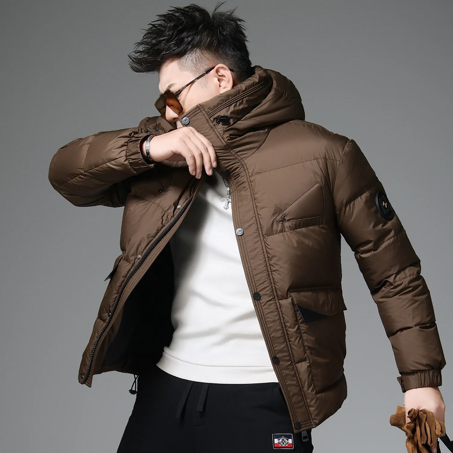 

Мужская утепленная куртка с капюшоном на пуху, белая, из натурального пуха, зимняя, новая модная теплая морозостойкая куртка, городской повседневный стиль, однотонная