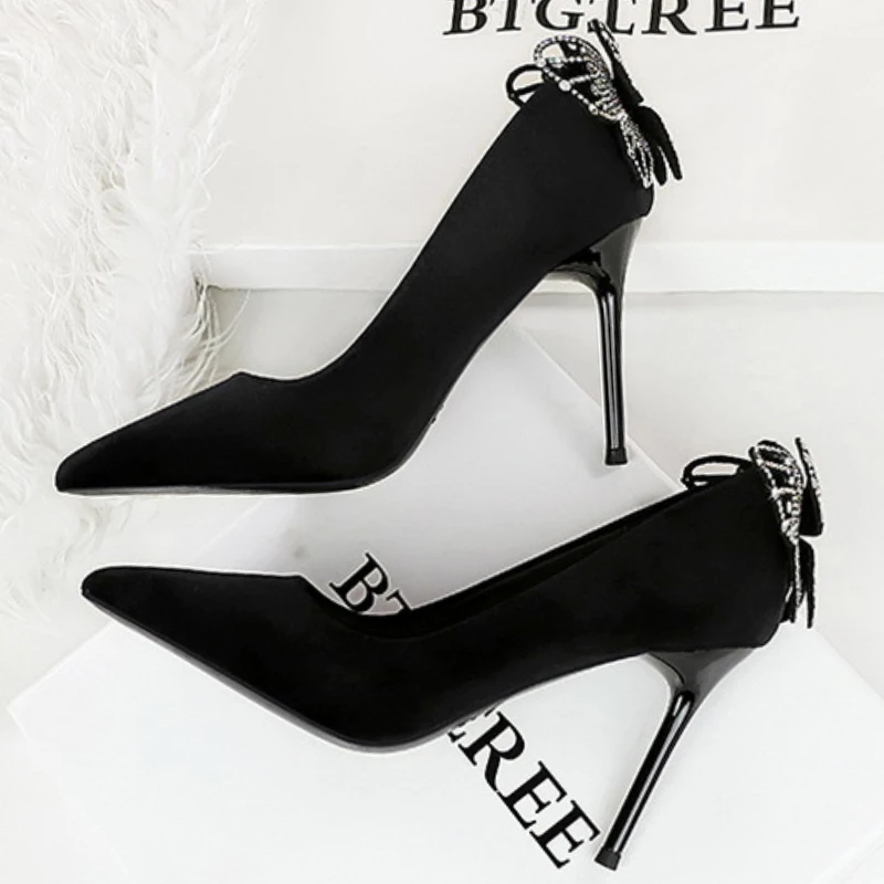 BIGTREE Shoes Bowknot After Rhinestone Women Pumps Luxury Banquet Shoes Fashion High Heels Stiletto 9.5Cm Suede Women Heels Sexy