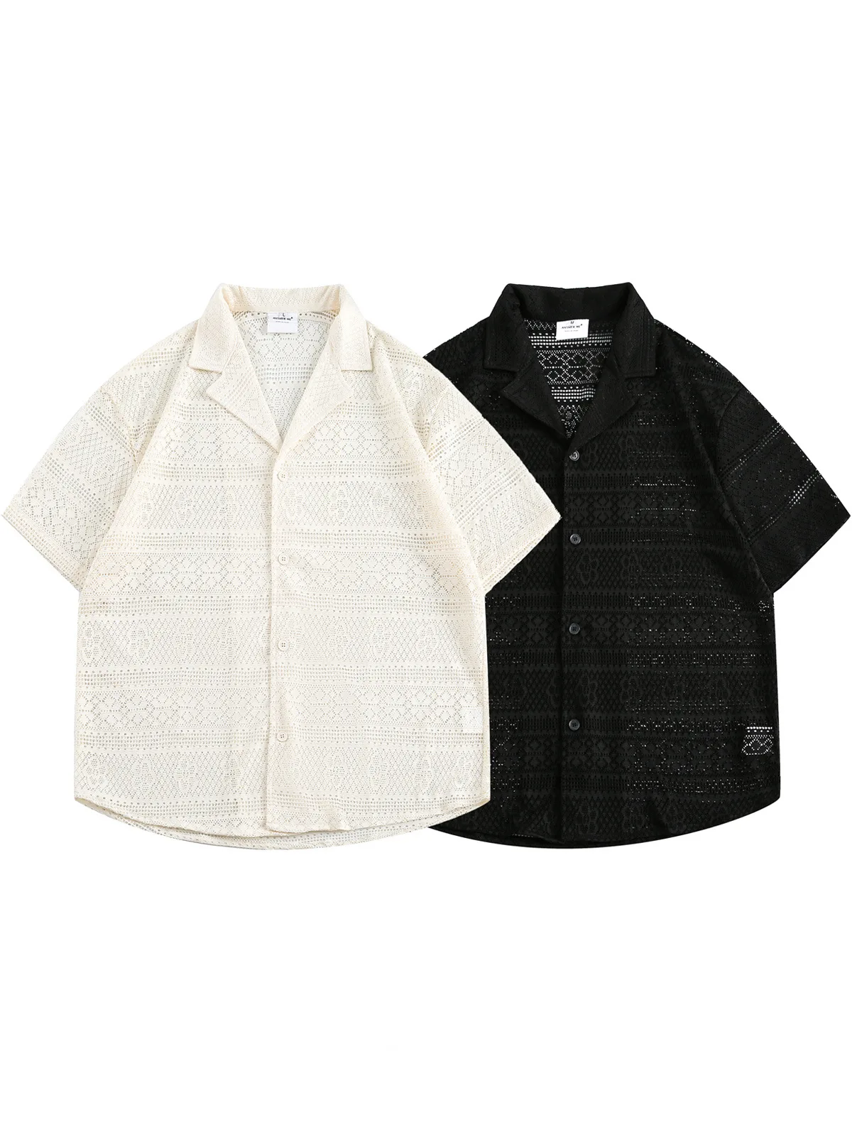 Hollow pattern Cuban collar short-sleeved shirt for men and women loose Hawaiian style five-point sleeve casual shirt trend