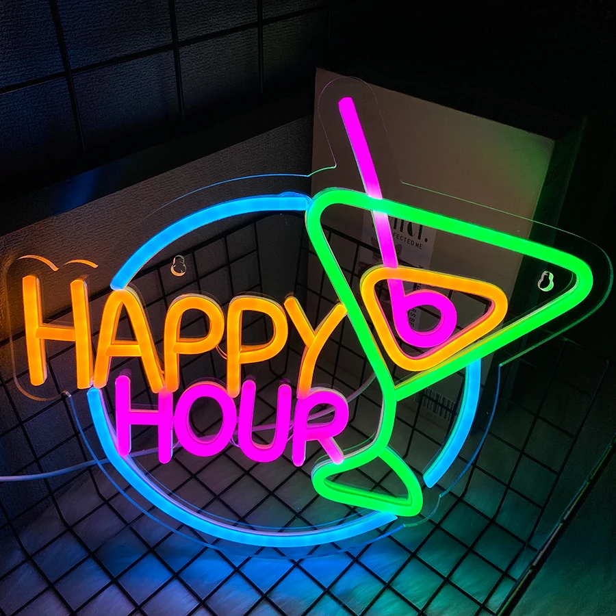 Happy Hour Neon Sign, Cocktail Led Icon Color Letter Light, Usb Powered, Used For Bars, Club Parties, Family Gatherings Decor.