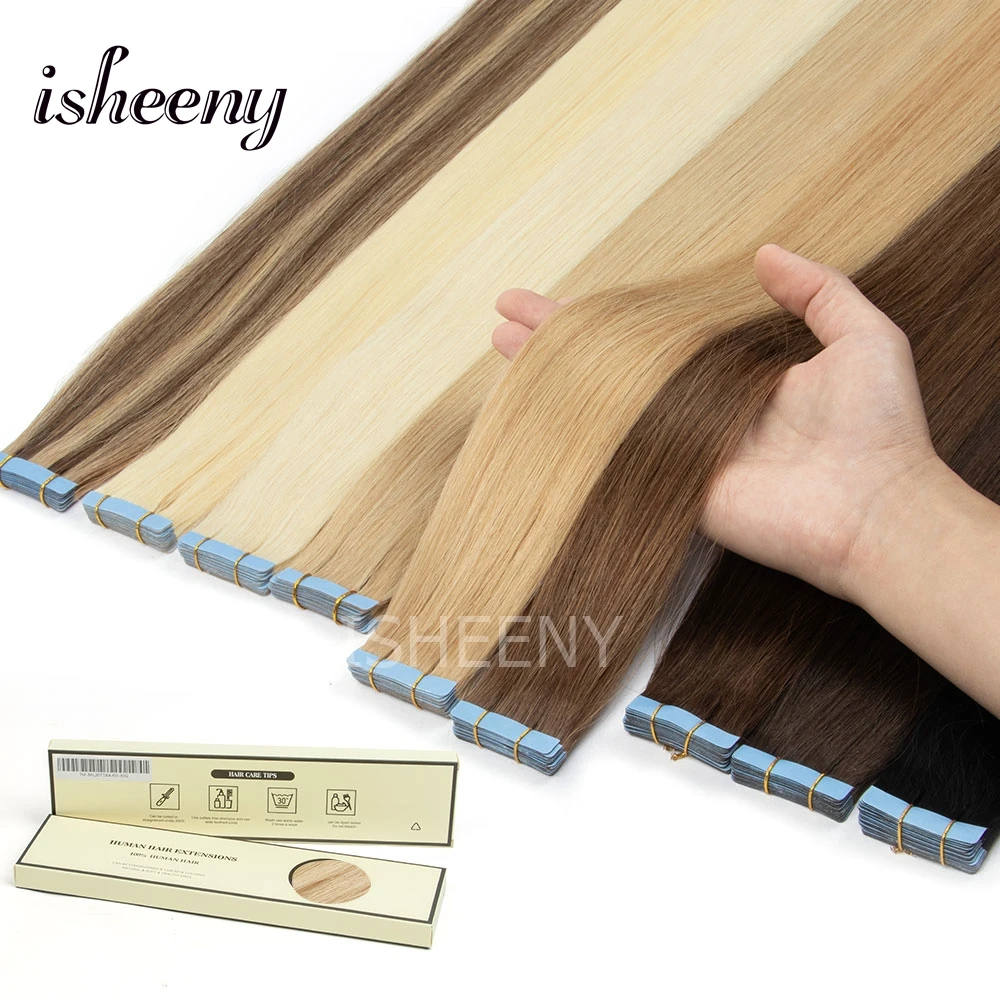 

isheeny Blonde Tape In Human Hair Extensions Straight 20pcs/pack Seamless Adhesive PU Skin Weft Hair Pieces 30g/pack 12"-20"