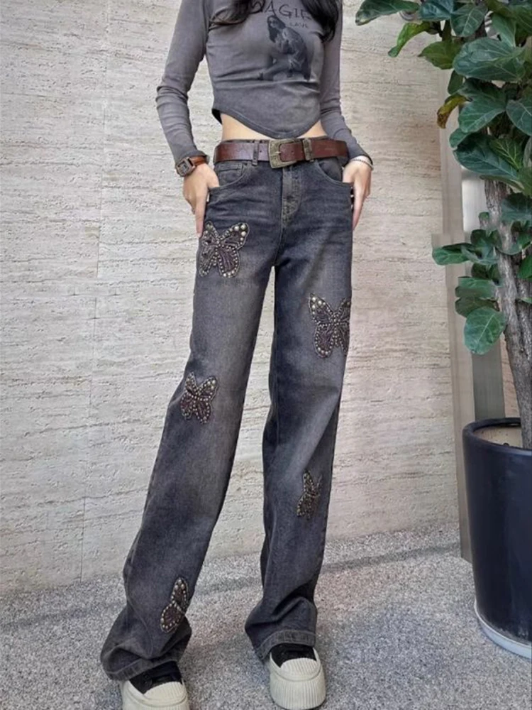 Jeans for women autumn new heavy industry nail bead hot stamping embroidery butterfly straight leg casual wide leg pants